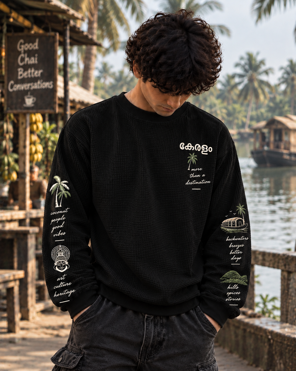 Oversize Kerela Waffle Tee - Black