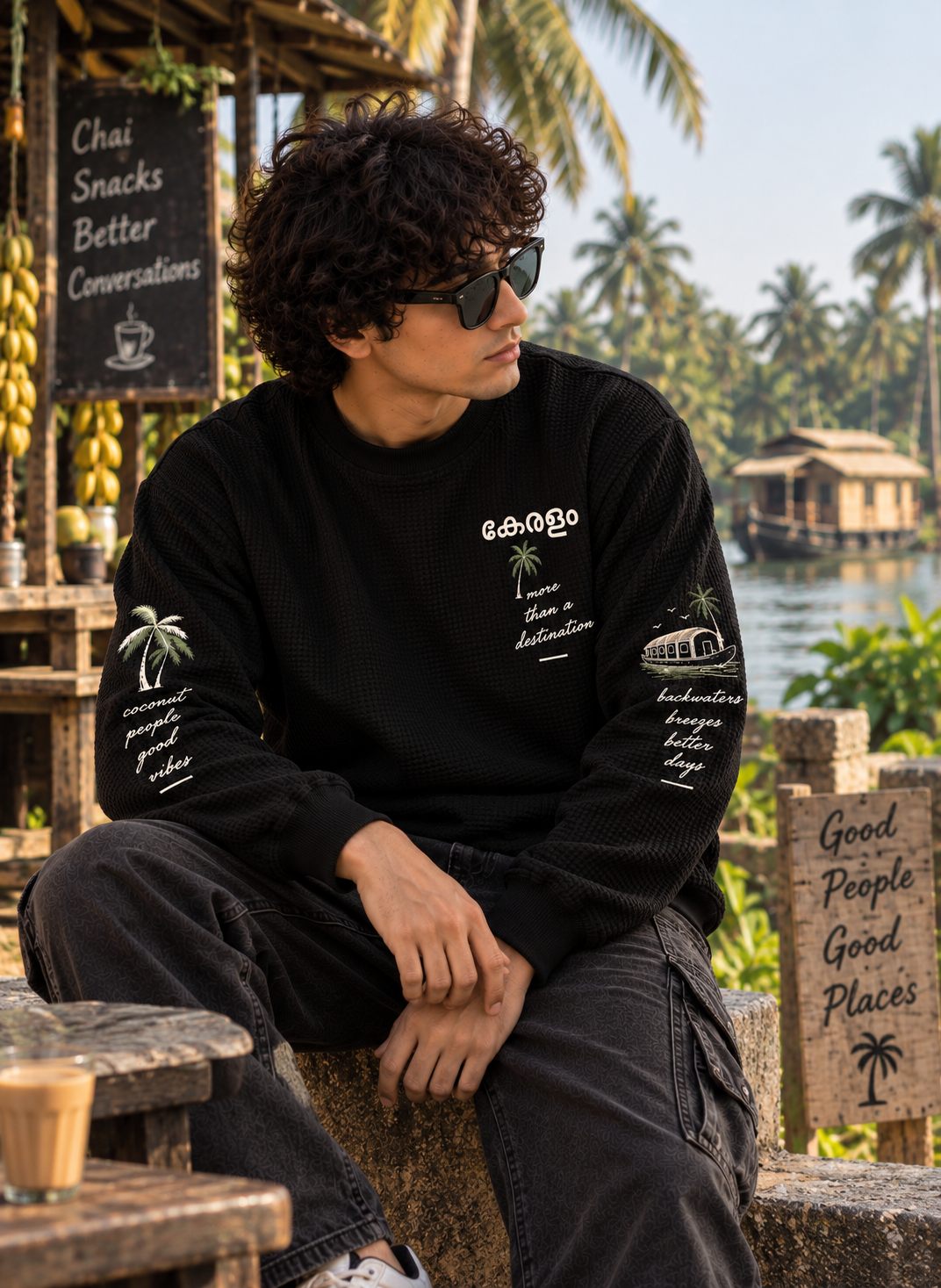 Oversize Kerela Waffle Tee - Black