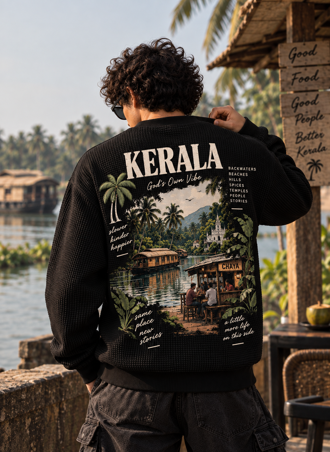 Oversize Kerela Waffle Tee - Black
