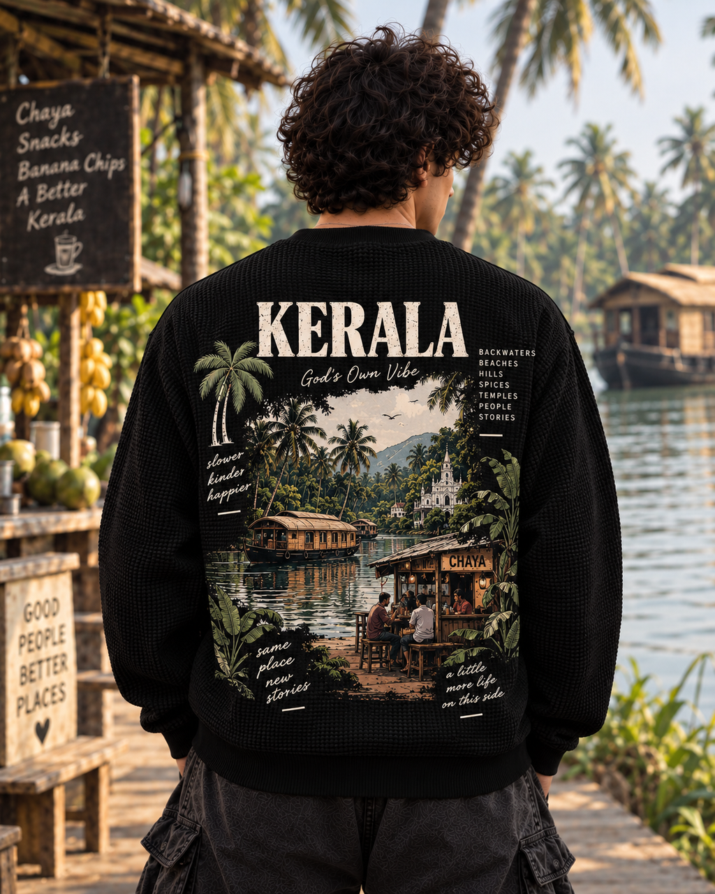 Oversize Kerela Waffle Tee - Black