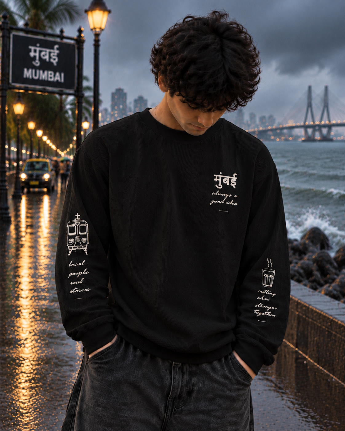 Oversize MUMBAI MONSOON Waffle Tee - Black